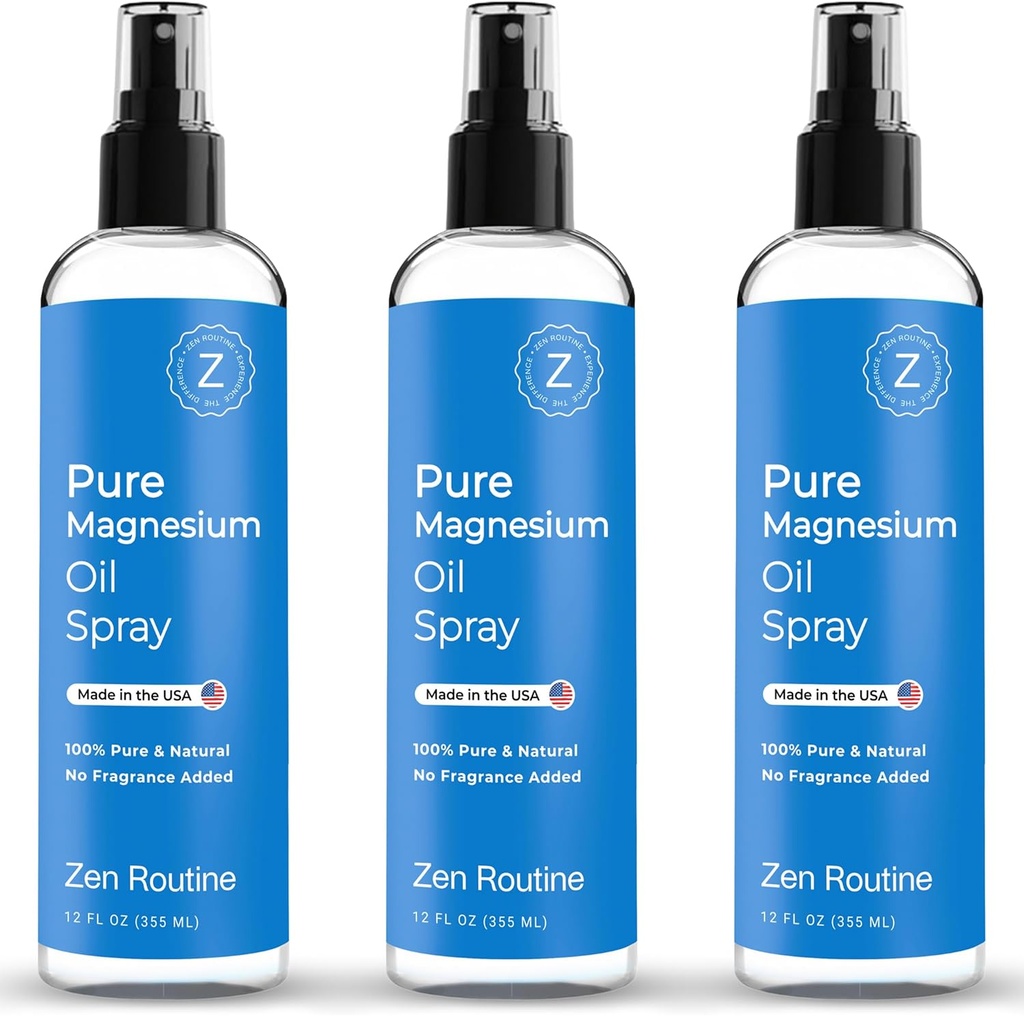 Spray à l'huile de magnésium pur 12 oz (3 paquet) – Spray biologique de magnésium de qualité USP, glycinate de magnésium topique, huile de magnésium pour pieds, corps, muscles et crampes de jambes – Fabriqué aux États-Unis
