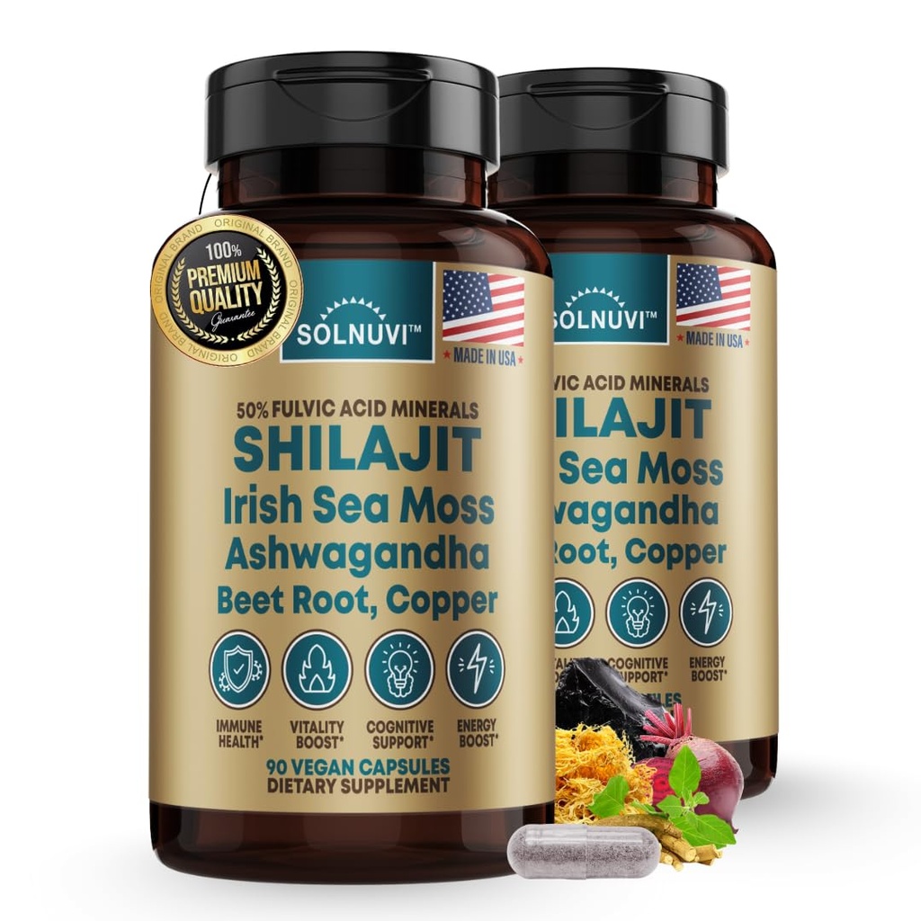 Shilajit Pure Himalayan Capsules organiques avec la mousse de mer d'Irlande, Ashwagandha, cuivre, racine de betterave - Supplément de traces d'acide fulvic pour les hommes et les femmes - 90 Compte, non-OGM, sans gluten