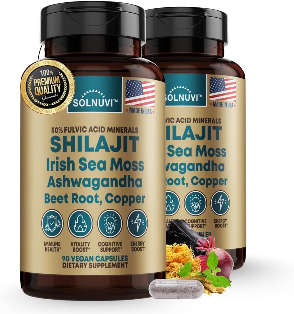 Shilajit Pure Himalayan Capsules organiques avec la mousse de mer d'Irlande, Ashwagandha, cuivre, racine de betterave - Supplément de traces d'acide fulvic pour les hommes et les femmes - 90 Compte, non-OGM, sans gluten