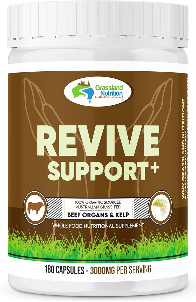 GRASSLAND NUTRITION 100% bio Australien: Revive Support Beef Organ Mix - Natural B12, Iodine, Fer et Vitamine A (180 Capsules)