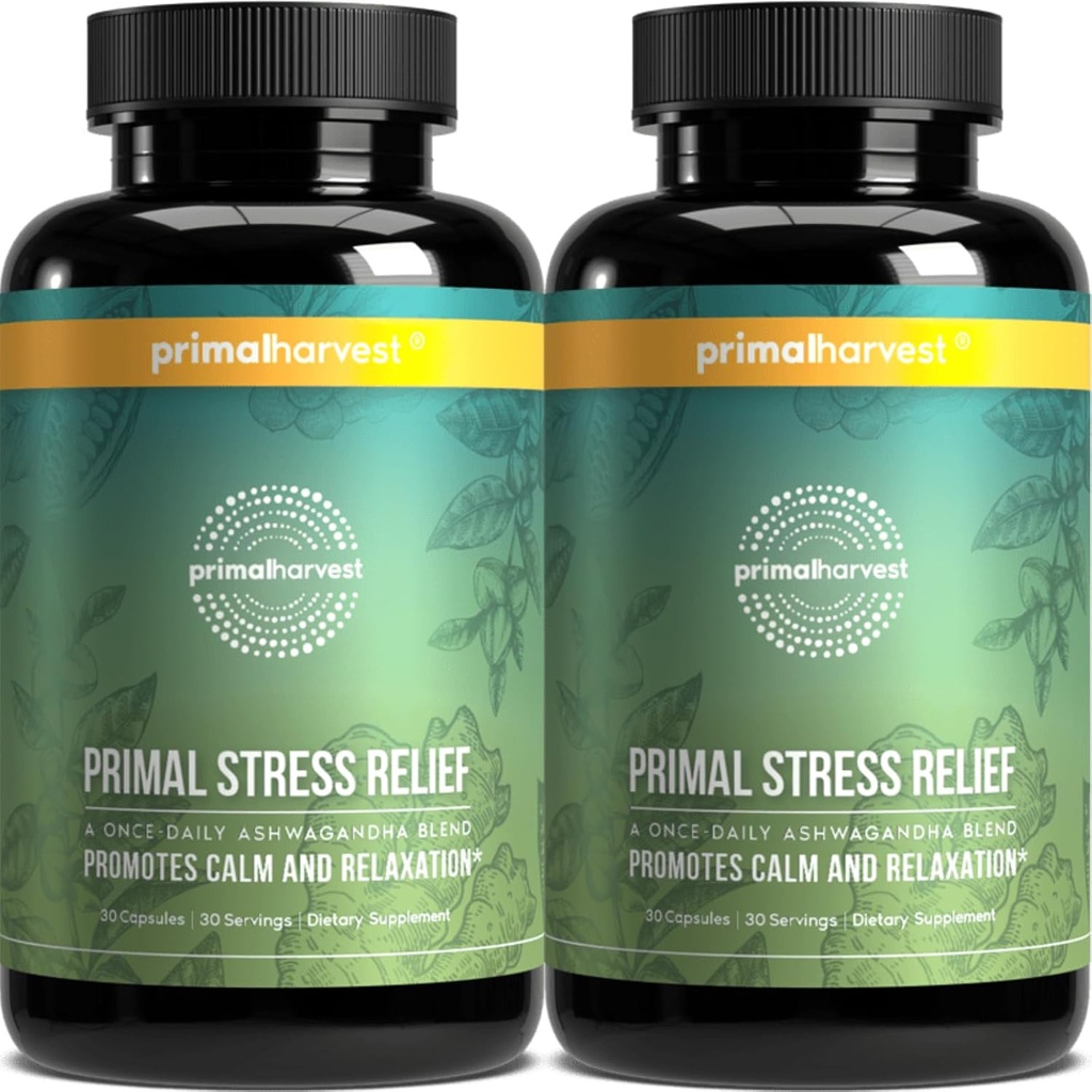 Primal Récolte Supplément anti-stress pour les femmes et les hommes Extrait de racine pur Ashwagandha, Suppléments L-Theanine, 60 Capsules