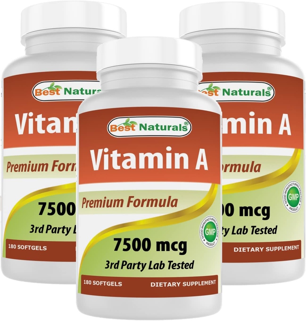 Meilleure vitamine naturelle A 25000 UI (7500 mcg), formule non-OGM soutient une vision et un système immunitaire sains et une croissance et une reproduction saines, 180 Softgels (180 Compte (paquet de 3))