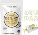 300 Pcs 2 en 1 Vitamine D3 10000 iu Plus K2 (MK-7) 200 mcg, Huile de coco Softgels avec Vitamines D & K, Soutient la santé osseuse, cardiaque et immunitaire - Facile à avaler et non-OGM