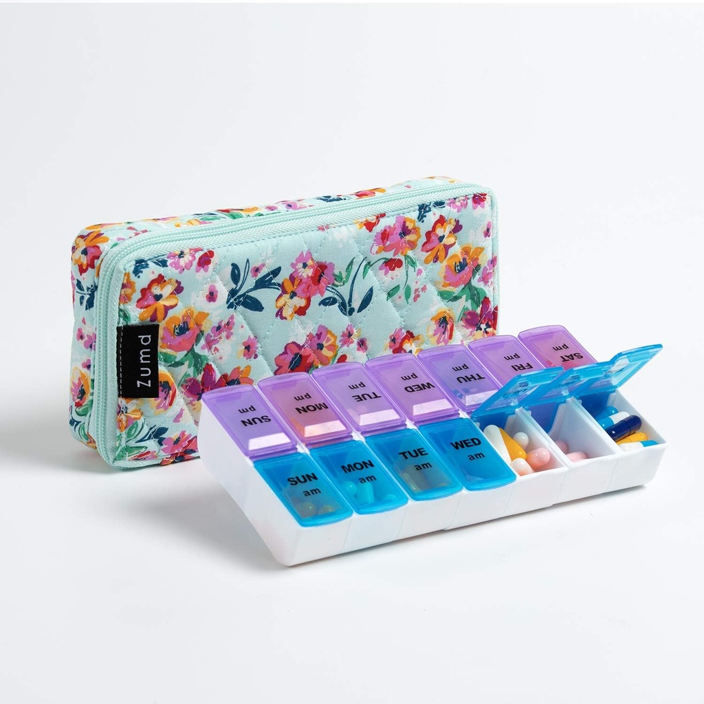 Weekly Pill Organizer 2 Times a Day, Zumd Pill Box 7 Day with Cute Quilted Fabric Zipper Case, Travel Pill Case Am Pm for Vitamin Medicine Organizer