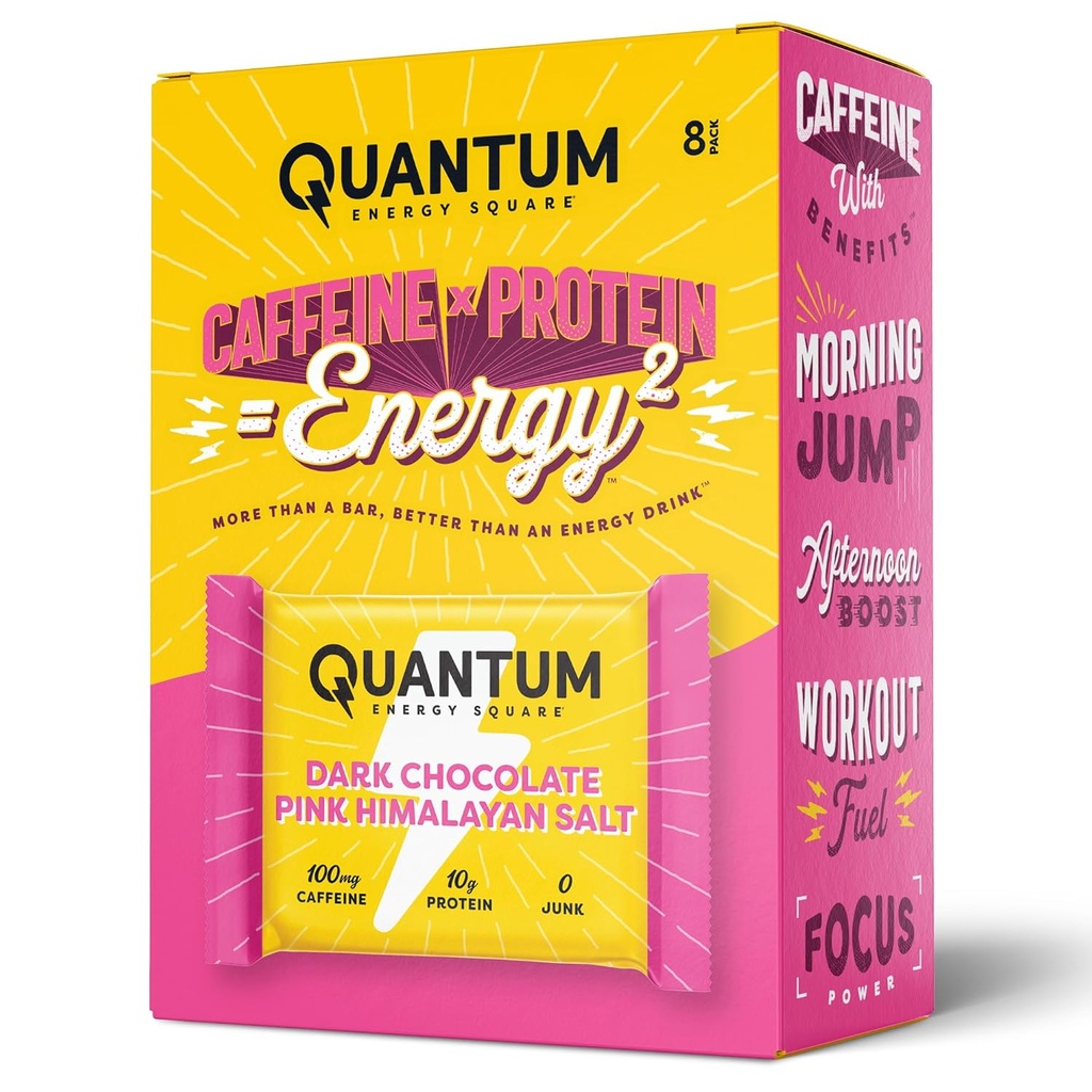 Quantum Energy Square: Barre d'énergie avec caféine et 10g de protéines. Delicious Healthy Snack On The Go. (Vegan, sans gluten, sans soja, sans laiterie) (Sel Himalayan rose au chocolat noir)