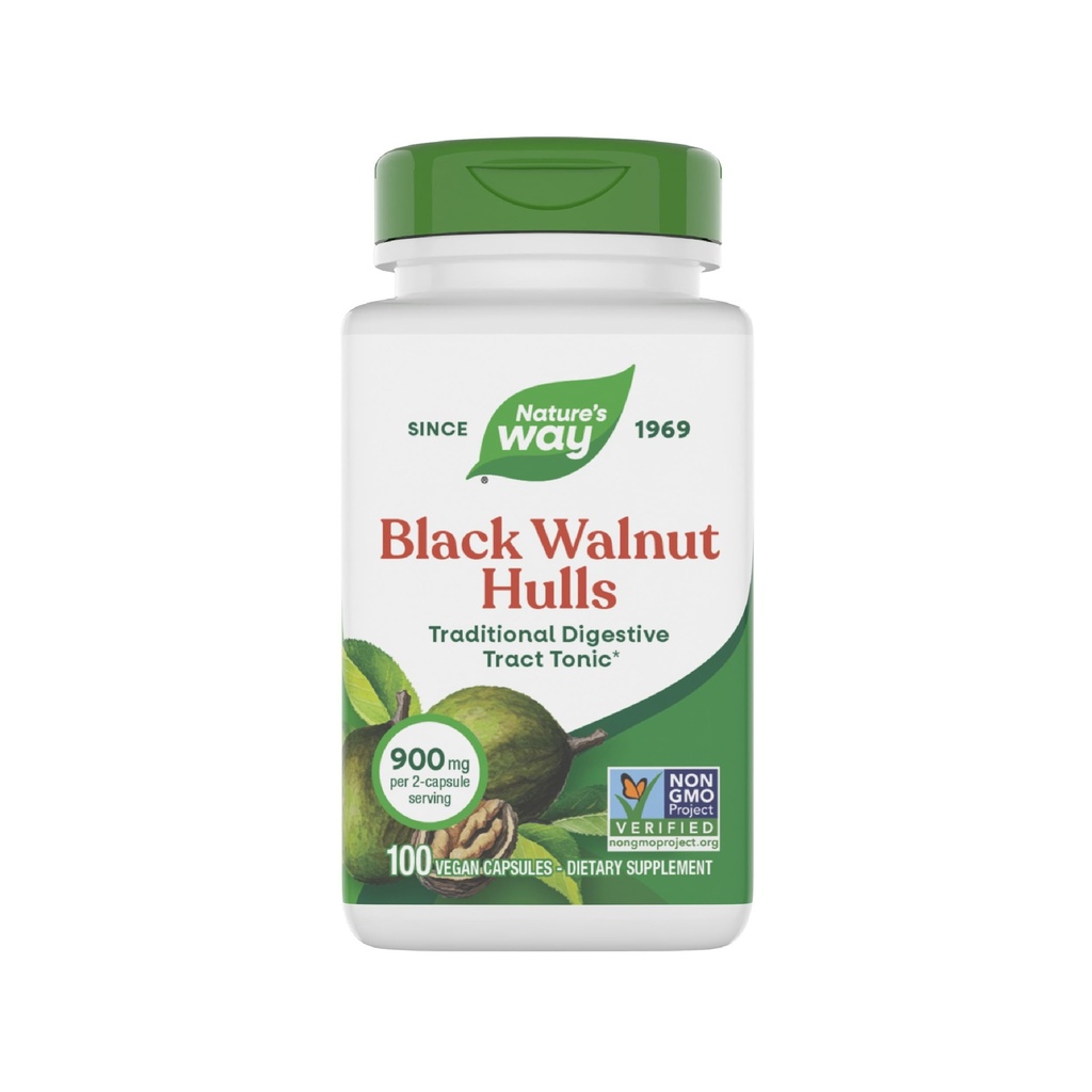 Nature's Way Black Walnut Hulls, Traditional Digestive Tract Tonic*, 900 mg par portion de 2 capsules, Projet non-OGM vérifié, végétalien, 100 capsules (paquetage May Vary)
