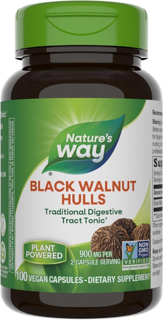 Nature's Way Black Walnut Hulls, Traditional Digestive Tract Tonic*, 900 mg par portion de 2 capsules, Projet non-OGM vérifié, végétalien, 100 capsules (paquetage May Vary)