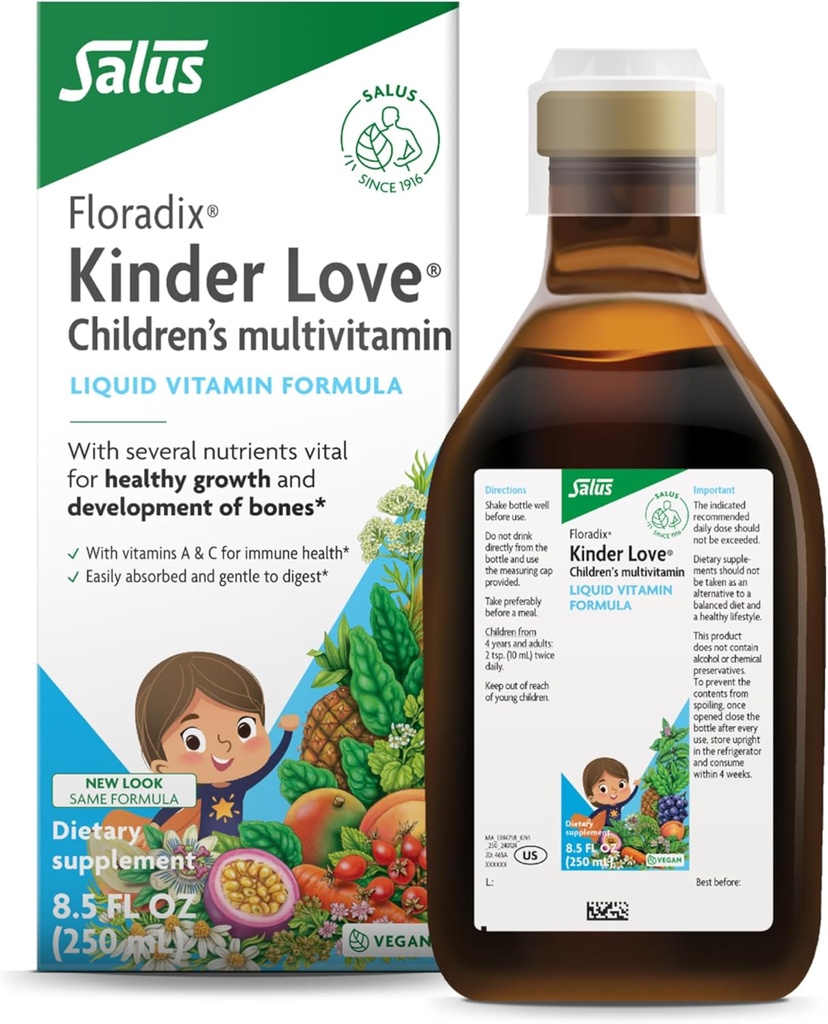 Floradix Kinder Love Children's Multivitamin - Herbal Supplement - Liquid Multivitamin for Kids - Vitamins A, C, D & E, Calcium & More - Vegetarian, Non-GMO, Gluten-Free - 8.5 fl oz