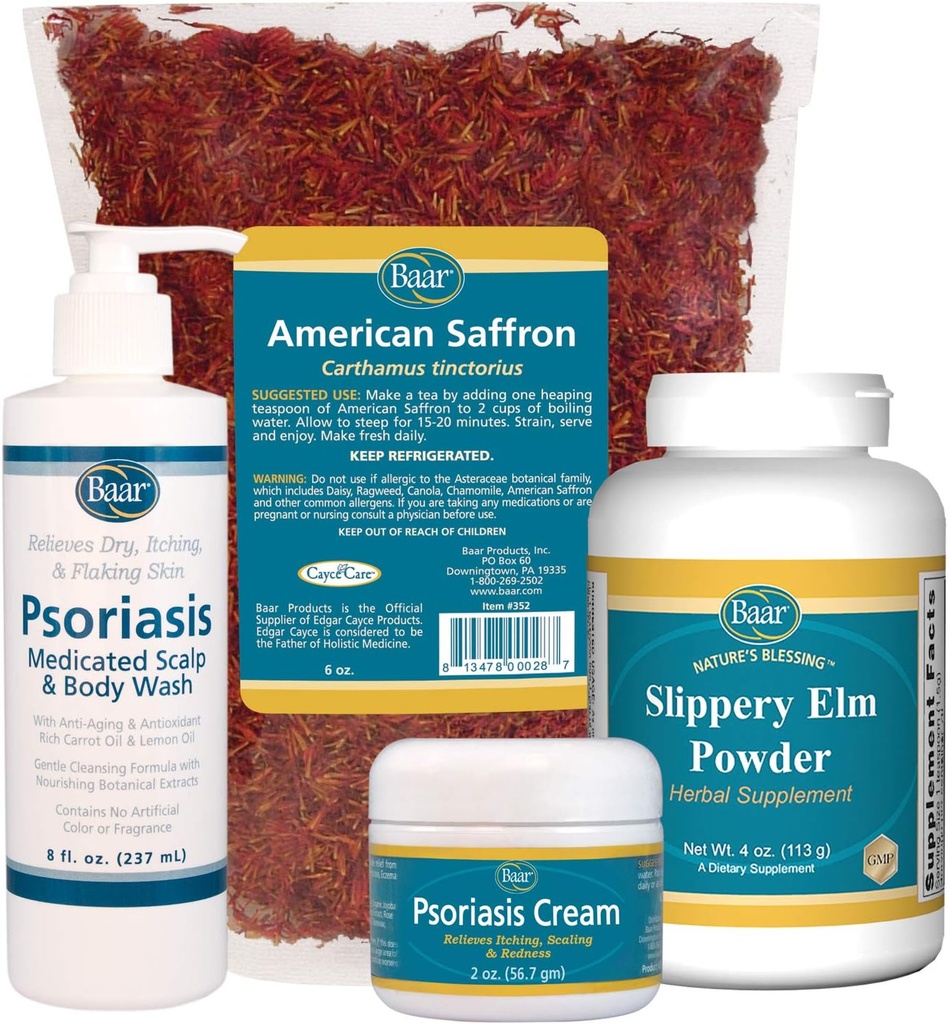 Psoriasis Care Kit - Includes American Saffron Tea, Slippery Elm Bark Powder, Psoriasis Scalp and Body Wash, and Psoriasis Cream. 4 Items Recommended in The Book Healing Psoriasis by Dr. John Pagano