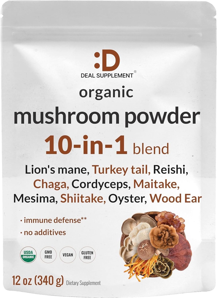 SUPPLÉMENT DE DÉAL Supplément en poudre de champignons biologiques, 12oz – 10 en 1 Mélange actif – Shiitake, Lions Mane, Cordyceps, Chaga, avec plus – Soutiens immunitaire, énergie et santé du cerveau – Non-OGM, végétalien