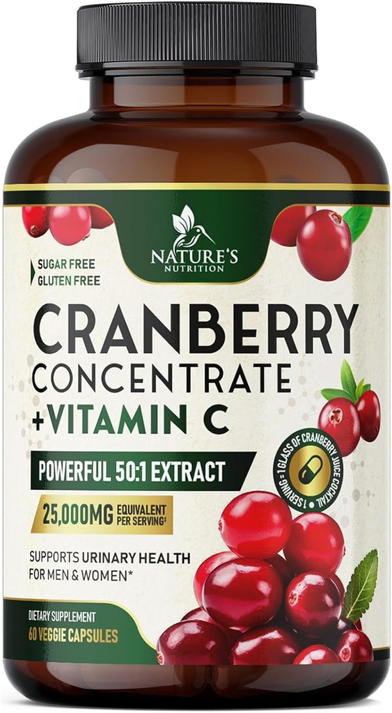 Pilules de supplément de canneberge 25 000mg - Canneberge à haute teneur en vitamine C pour les femmes et les hommes, soutien de santé de piège urinaire, sans sucre, sans gluten, sans OGM, extrait concentré de canneberge - 60 capsules