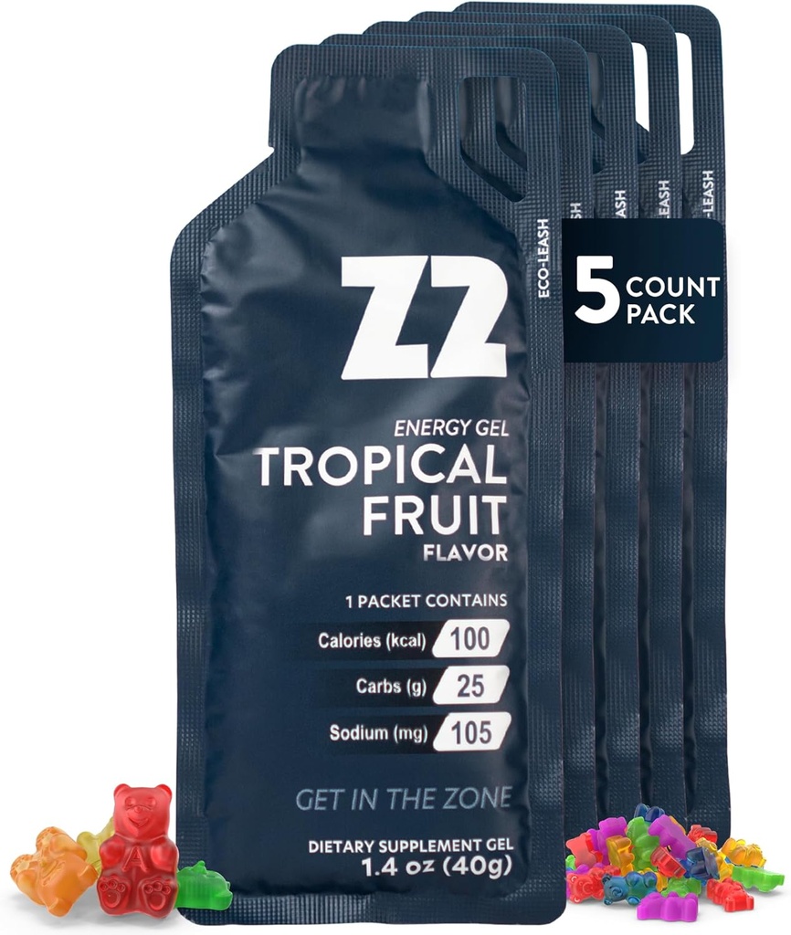 Z2 Tropical Fruit Energy Gel Performance - 25g Carb, 105mg Sodium, Electrolytes, Pré & Pendant l'entraînement, Boosts Endurance pour la course, le cyclisme, le vélo et le sport - 5-Count Pack