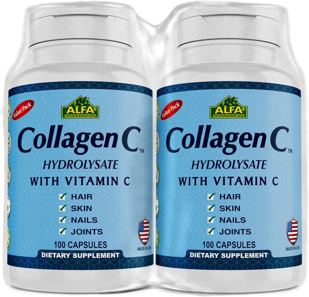 CollagèneC Hydrolysat par Alfa Vitamines - Contient de la biotine et de la vitamine C - 100 Capsules Chaque - 2 Pack