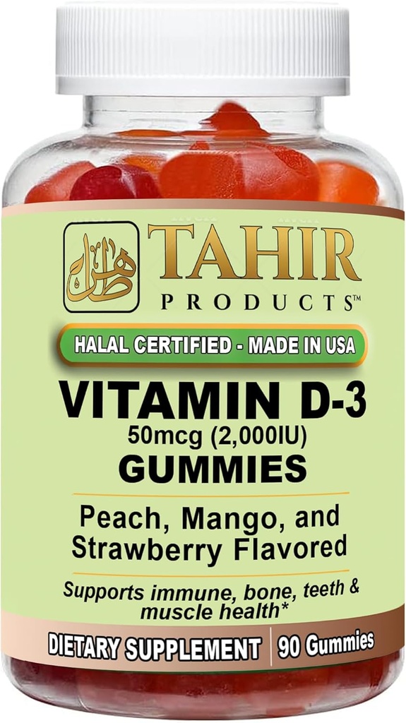 Tahir Halal Vitamine D3 2000 UI Gummies – soutient la santé osseuse et immunitaire, favorise la fonction musculaire, sans gluten, sans gélatine, 90 Gummes naturels d'arôme de fruits, fabriqués aux États-Unis – certifié Halal