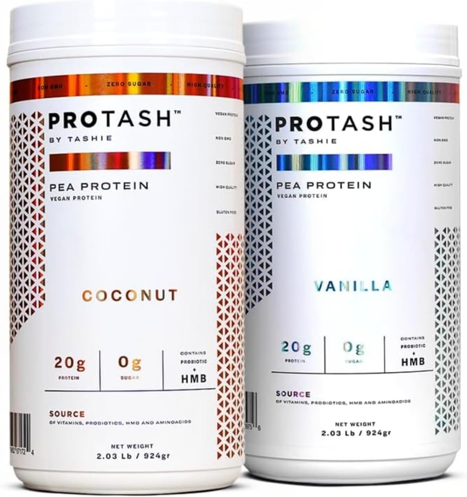 Paquet de poudre de protéines végétales de TASHIE, 20g de protéines de pois pour les hommes et les femmes, non OGM, sucre zéro, contient probiotique et HMB (Vanilla et noix de coco)