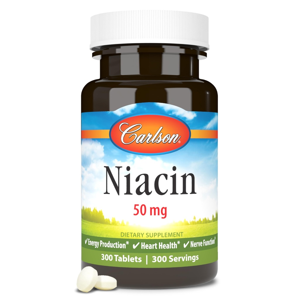 Carlson - Niacine, 50 mg, soutient le métabolisme du cholestérol, la production d'énergie, la santé cardiaque, la fonction nerveuse, 300 comprimés