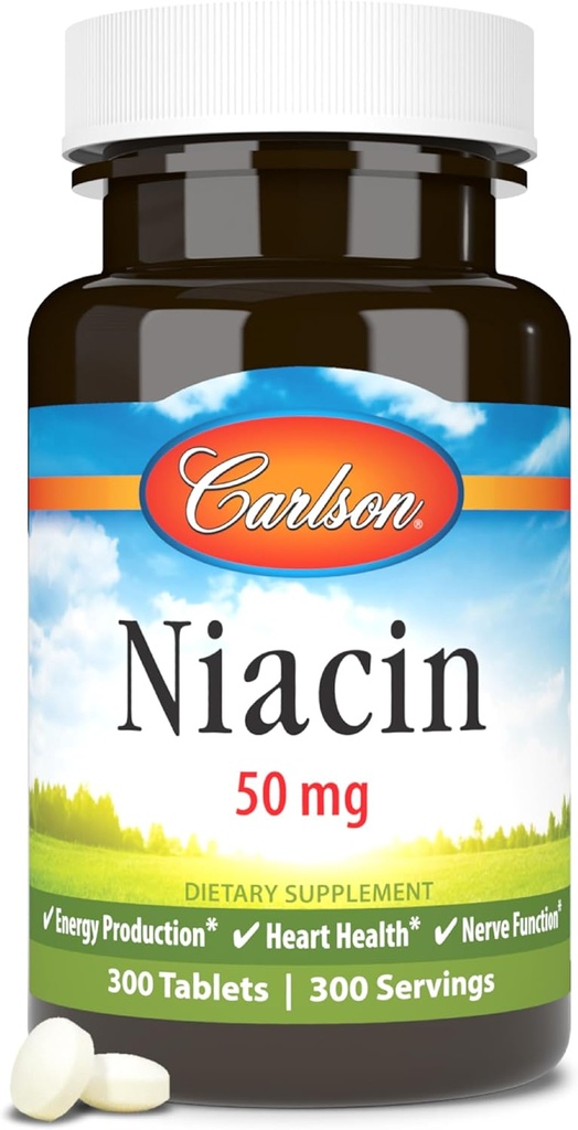 Carlson - Niacine, 50 mg, soutient le métabolisme du cholestérol, la production d'énergie, la santé cardiaque, la fonction nerveuse, 300 comprimés