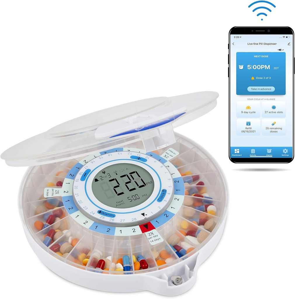 Live Fine Smart WiFi Distributeur automatique de pilules - 28 jours Organisateur de médicaments Jusqu'à 9 doses par jour pour la surveillance des soins avec clé de verrouillage, alarmes réglables lumière/son pour les prescriptions et les vitamines