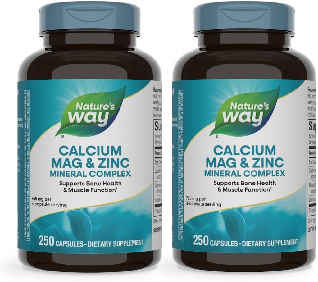 Nature's Way Calcium Magnésium & Zinc Mineral Complex, soutient la santé osseuse et la fonction musculaire*, le soutien immunitaire*, 250 Capsules (paquetage May Vary) - 2 Pack