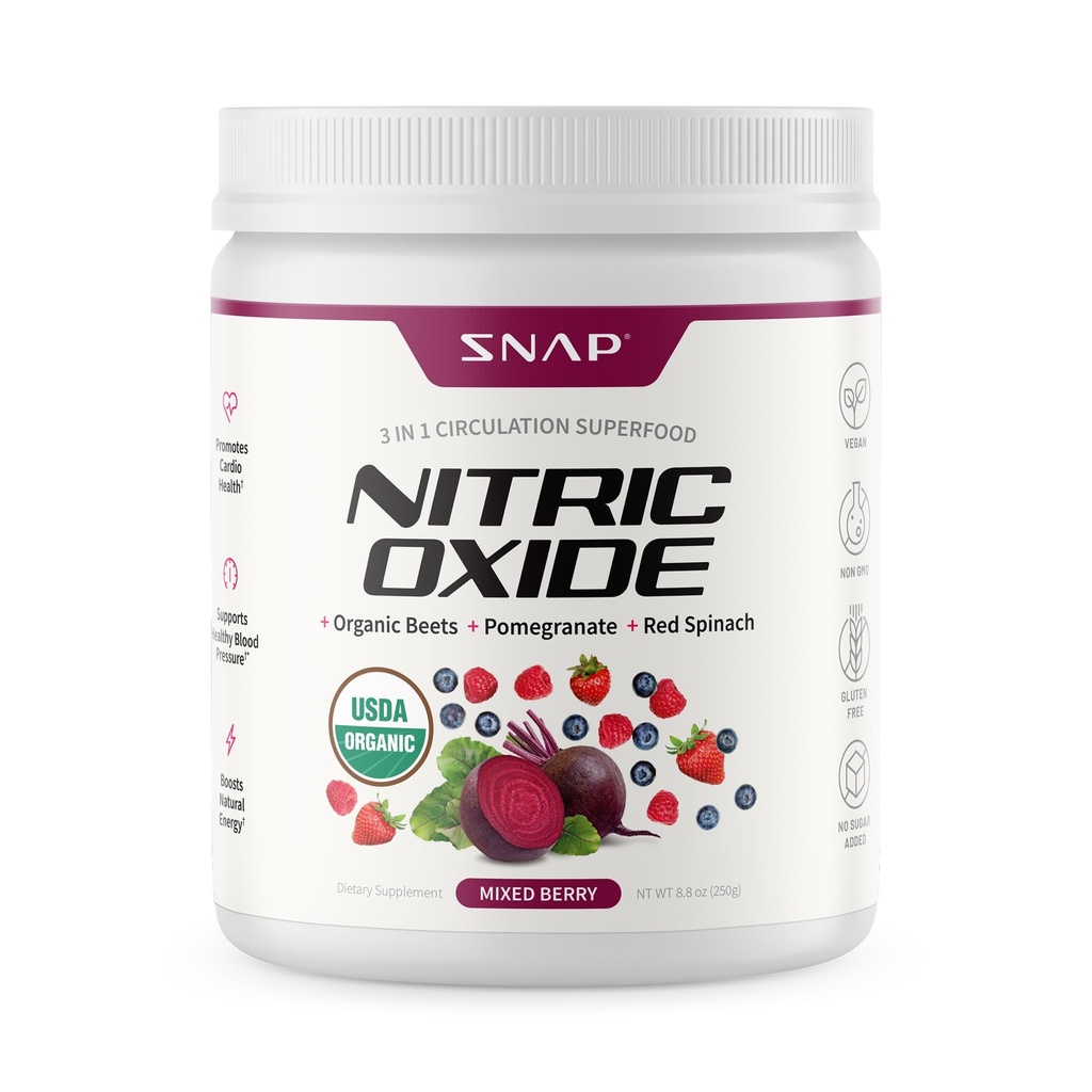 Suppléments de snap Race de betterave biologique poudre d'oxyde nitrique - soutient l'énergie et la circulation saine, 8,8 oz (30 portions, 1 mois d'approvisionnement), baie mixte