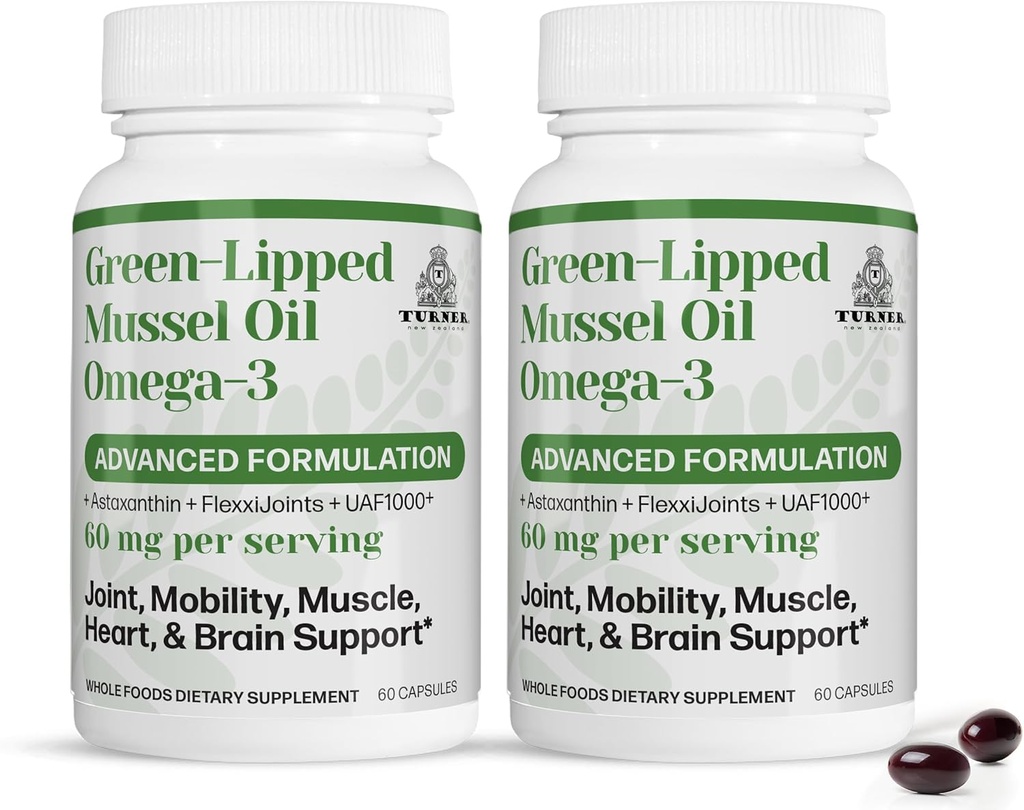 TURNER New Zealand Green Lipped Omega-3 Mussel Oil, 53x Plus grande puissance avec UAF1000+ Super antioxydant, Pas d'arrière-goût de poisson, 2 bouteilles, 120 Softgels
