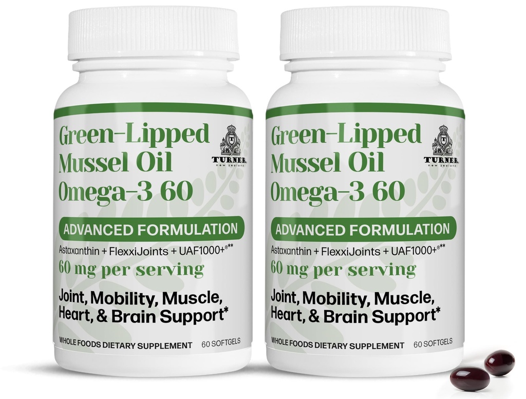 TURNER New Zealand Green Lipped Omega-3 Mussel Oil, 53x Plus grande puissance avec UAF1000+ Super antioxydant, Pas d'arrière-goût de poisson, 2 bouteilles, 120 Softgels