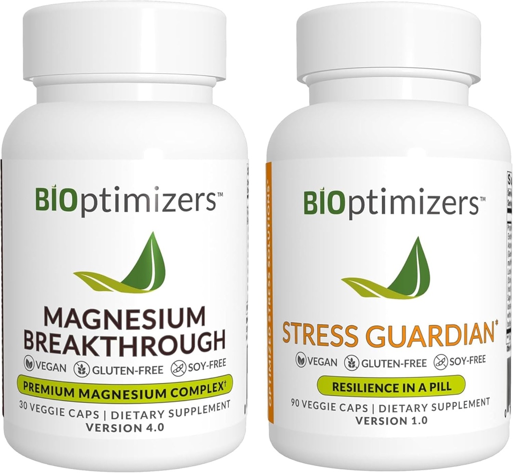 BiOptimizers Magnésium Breakthrough 4.0, (30 Capsules) & Stress Guardian, (90 Capsules) - Supplément de soutien au sommeil, au cerveau et au stress naturel