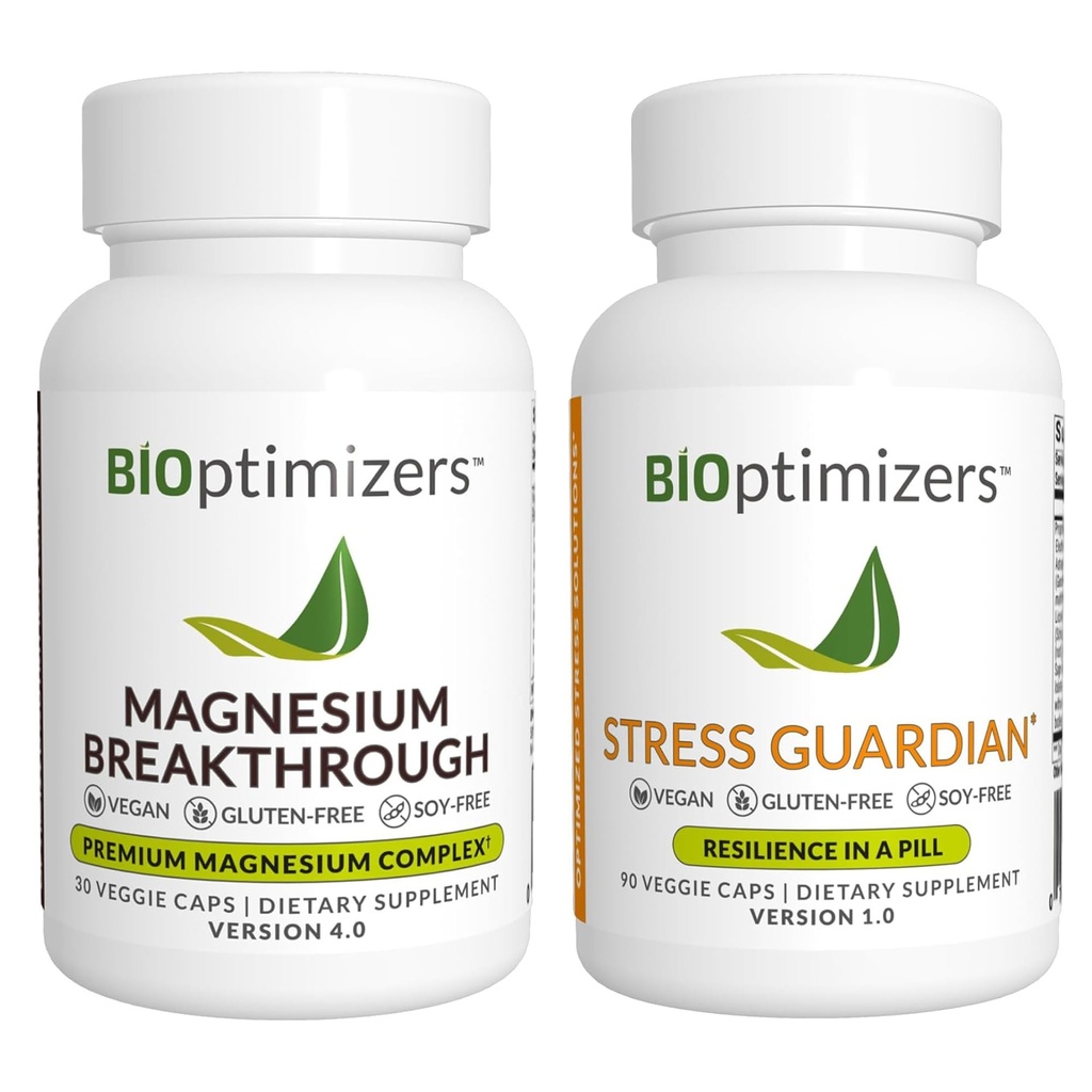 BiOptimizers Magnesium Breakthrough 4.0, (30 Capsules) & Stress Guardian, (90 Capsules) - Natural Sleep, Brain, and Stress Support Supplement Bundle