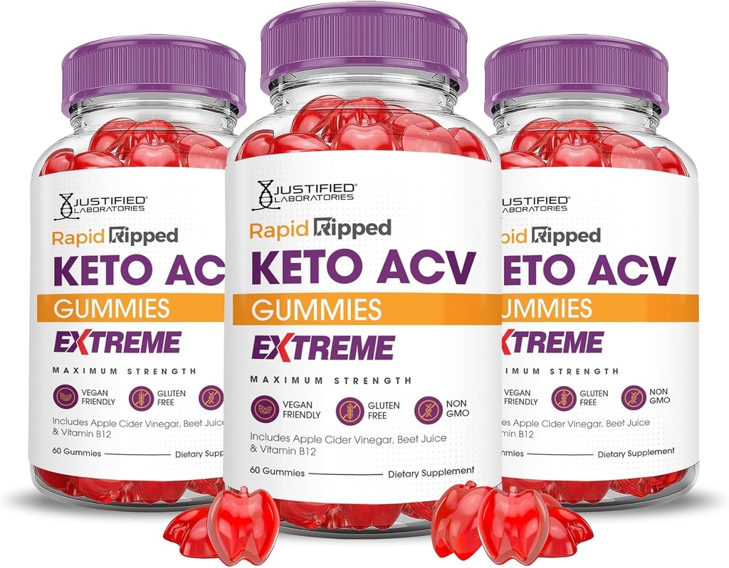 Justified Laboratories (3 Pack Rapid Ripped Keto ACV Gummies Extreme 2000MG Rapidripped Keto Gummies Apple Cider Vinegar Formulated with Pomegranate Beet Juice Powder B12 Vegan Non GMO 180 Gummys