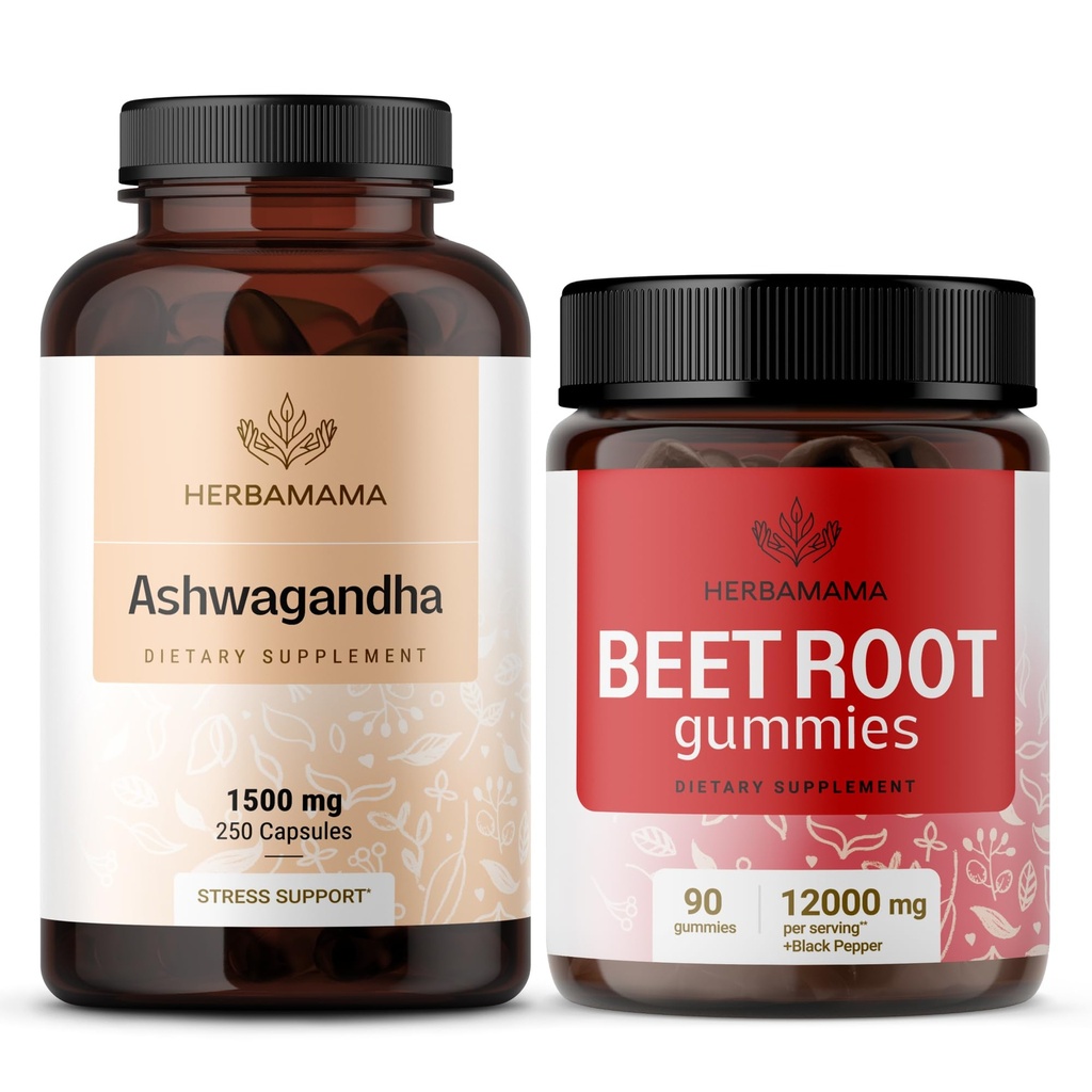HERBAMAMA Ashwagandha and Beet Root Kit - Ensemble de 1 500 mg Ashwagandha Root Capsules et de 1 500 mg Beet Root Gummies - Vegan, non-OGM, sans gélatine - 2 Pack