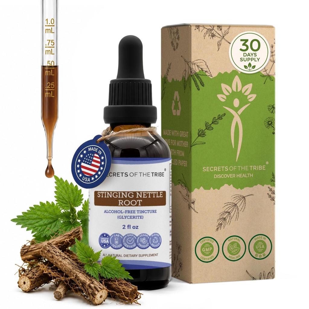 Secrets de la tribu Sting Nettle Extrait liquide sans alcool, Sting Nettle (Urtica Dioica) Racine séchée (2 FL OZ)
