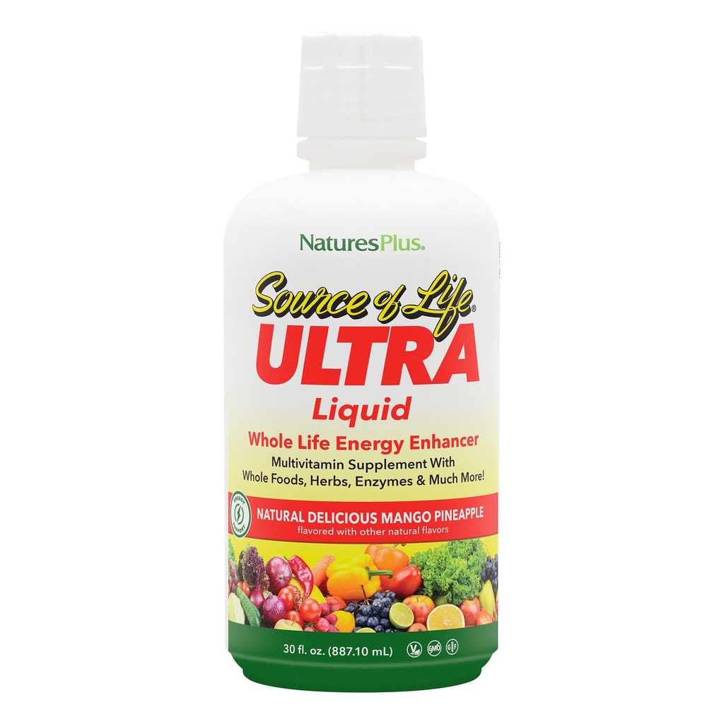 NaturesPlus Ultra Source de liquide de vie - 30 fl oz - Arôme d'ananas de la mangue - Supplément multivitamine avec vitamine D3 et lutéine - Végétarien, sans gluten - 30 portions