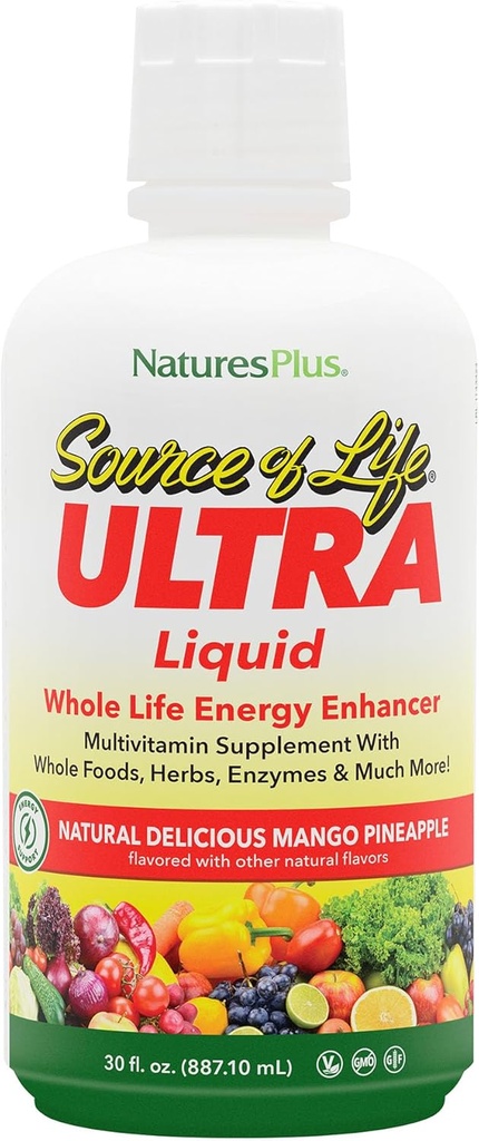 NaturesPlus Ultra Source de liquide de vie - 30 fl oz - Arôme d'ananas de la mangue - Supplément multivitamine avec vitamine D3 et lutéine - Végétarien, sans gluten - 30 portions