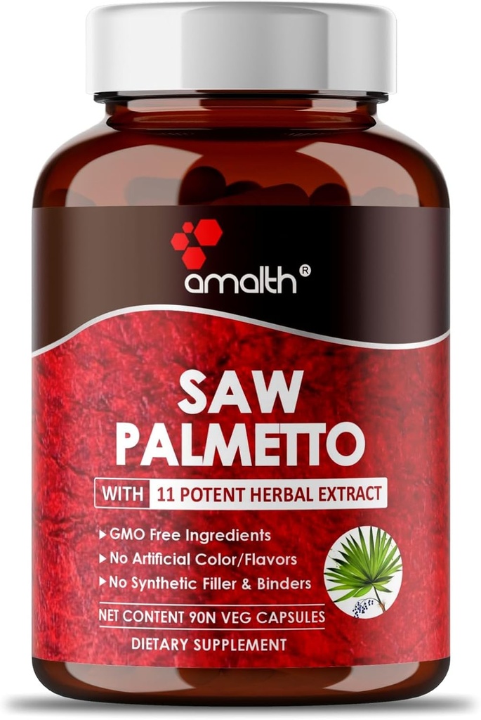 AMALTH Premium Saw Palmetto Capsule- Extra Strength Formulé avec Ashwagandha, Tribulus, Ginger, Maca, Holy Basil and More Natural Prostate Support, 90 Capsule