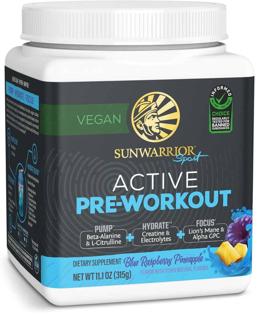 Sunwarrior avant l'entraînement Poudre boisson énergétique Végétalienne supplément à base de plantes Pompe, Hydrate, Focus, Endurance, & Strength Builder Blue Raspberry Ananas Aromatisé 30 portions Pré-entraînement actif