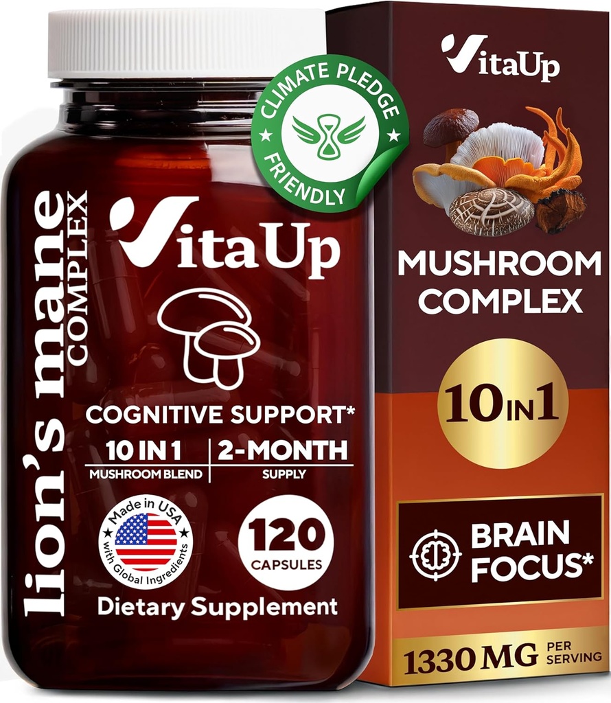 Lions Mane Supplement Capsules - USA Fabriqué 10 en 1 Supplément de Champignon - Complexe de Champignons avec Lions Mane, Cordyceps, Turkey Tail, Reishi, Shiitake pour le soutien cognitif et immunitaire - 120 Compte