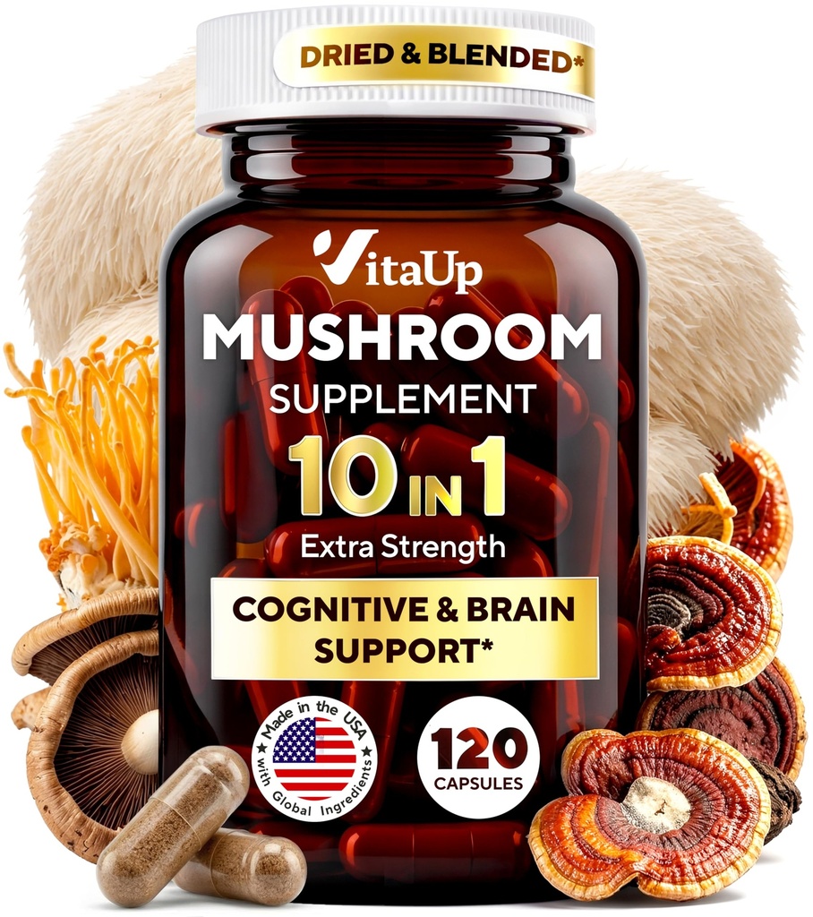 VitaUp Mushroom Supplement - USA Made Mushroom Complex - Mushroom Capsules with Lions Mane, Cordyceps, Turkey Tail, Reishi, Shiitake for Cognitive & Immune Support - 120 Count
