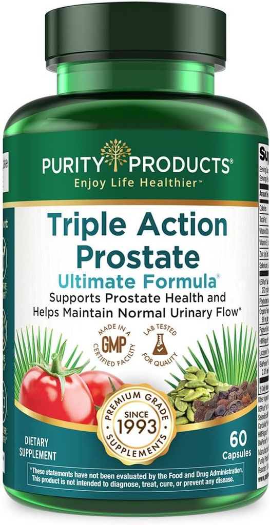 Triple Action Prostate Ultimate Formula – Supplément prostate pour hommes - Zinc, Saw Palmetto, Pygeum, Extrait d'huile de citrouille et Phytostérols – Soutient le flux urinaire, Bladder et la santé cardiaque – 60 Capsules