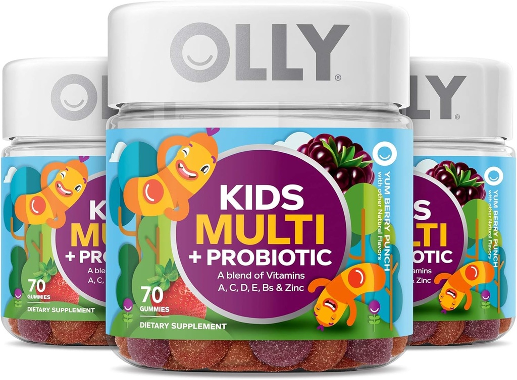 OLLY Enfants Multivitamine + Gommy probiotique, Vitamines A, C, D, E, B, Zinc, Probiotiques, Supplément à croquer, Flaveur de baies, 70 Compte (3 Pack)