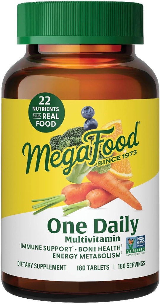 MegaFood One Multivitamine quotidienne pour les femmes et les hommes, supplément de soutien immunitaire avec nourriture réelle, vitamine C et vitamine B, santé osseuse, métabolisme de l'énergie cellulaire, végétarien, non-OGM, 180 comprimés