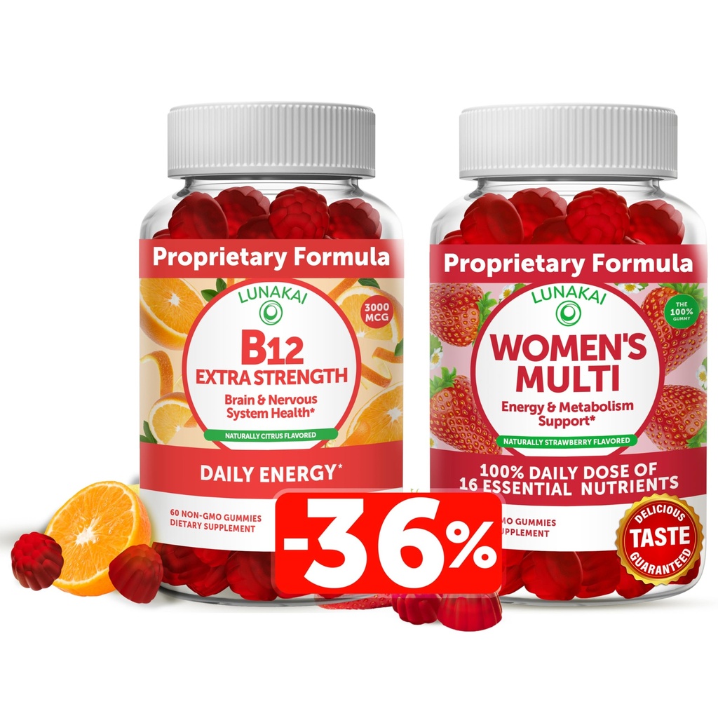 Lunakai Vitamine B12 and Women's Multivitamin Gummies Bundle - Supplément non-OGM et végétalien pour le soutien énergétique et la santé des os - 100% de la valeur quotidienne de 16 vitamines et minéraux essentiels - 30 jours d'approvisionnement