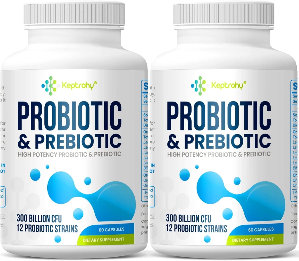 Probiotiques pour les femmes et les hommes, 300 milliards CFU Probiotiques de 12 souches + mélange de prébiotiques biologiques pour la digestion quotidienne, l'Immune, Gut, Bloating, Gut Health pour les femmes et les hommes, plateau stable - 120 capsules