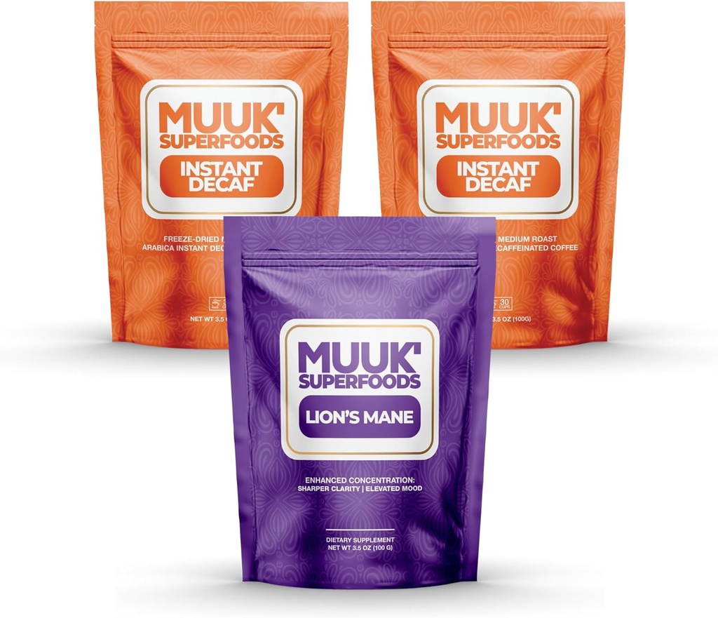 MUUK' SUPERFOODS | Decaf Mushroom Coffee Bundle | 60 Servings of Lion's Mane Mushroom Powder Plus 60 Cups of Decaffeinated Instant Coffee