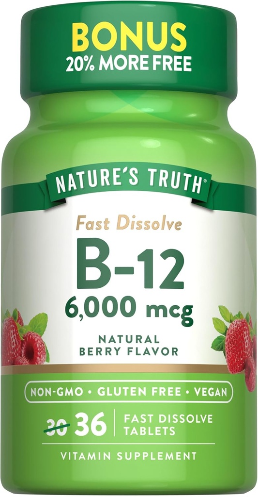 Nature's Truth B12 Vitamin 6000 mcg | Methylcobalamin | 36 Tablets | Fast Dissolve Natural Berry Flavor | Vegan, Non-GMO & Gluten Free