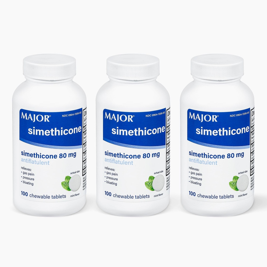 MAJOR Siméthicone Gas Relief 80 mg - Anti flatulence, ballonnement et pression de gaz - 100 comprimés à croquer (3 paquets)