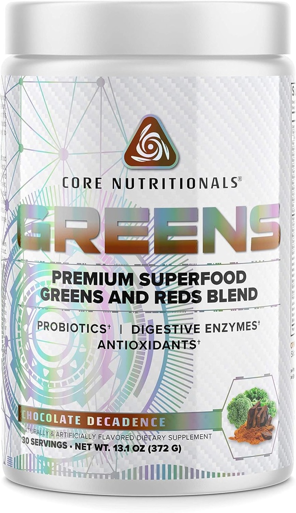 Noyau nutritionnel Verts Premium Reds & Greens Blend de 5 milliards de dollars CFU Probiotiques, enzymes digestives et antioxydants 30 portions (Décennie du chocolat)