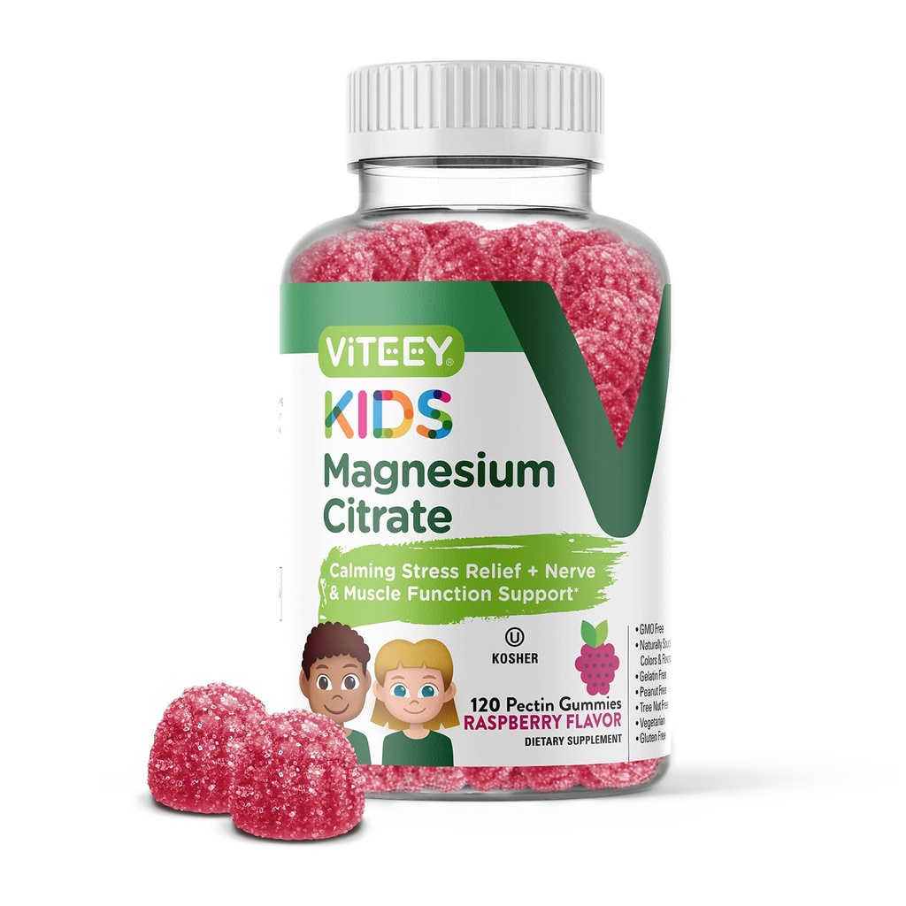 Viteey Kids Citrate Magnésium Gommies - Supports Aide au sommeil, Gummies calmes, Relaxeur musculaire, Relaxation optimale - Végétarien, Sans gélatine, Sans gluten, Sans OGM - Gommy aux framboises croustillantes