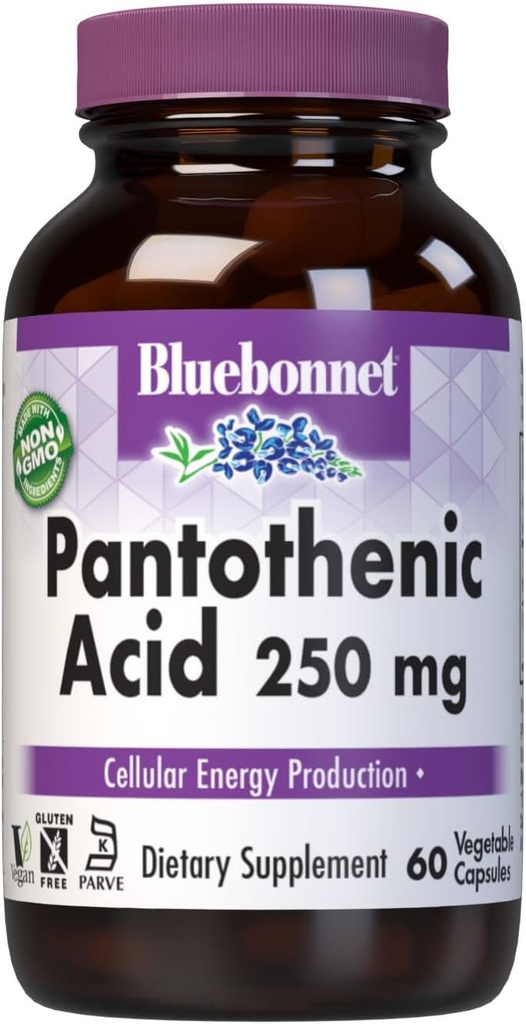 BlueBonnet Nutrition Acide pantothénique 250 mg Supplément quotidien de vitamine B5 pour l'énergie cellulaire pour les femmes et les hommes - Vegan, sans gluten, non-OGM - 60 capsules végétales
