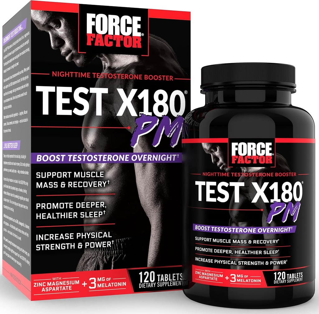 Test du facteur de force X180 PM booster testostérone pour les hommes, Supplément testostérone nuit pour construire le muscle, augmenter la force, et promouvoir plus profond, sommeil plus sain et récupération, 120 comprimés