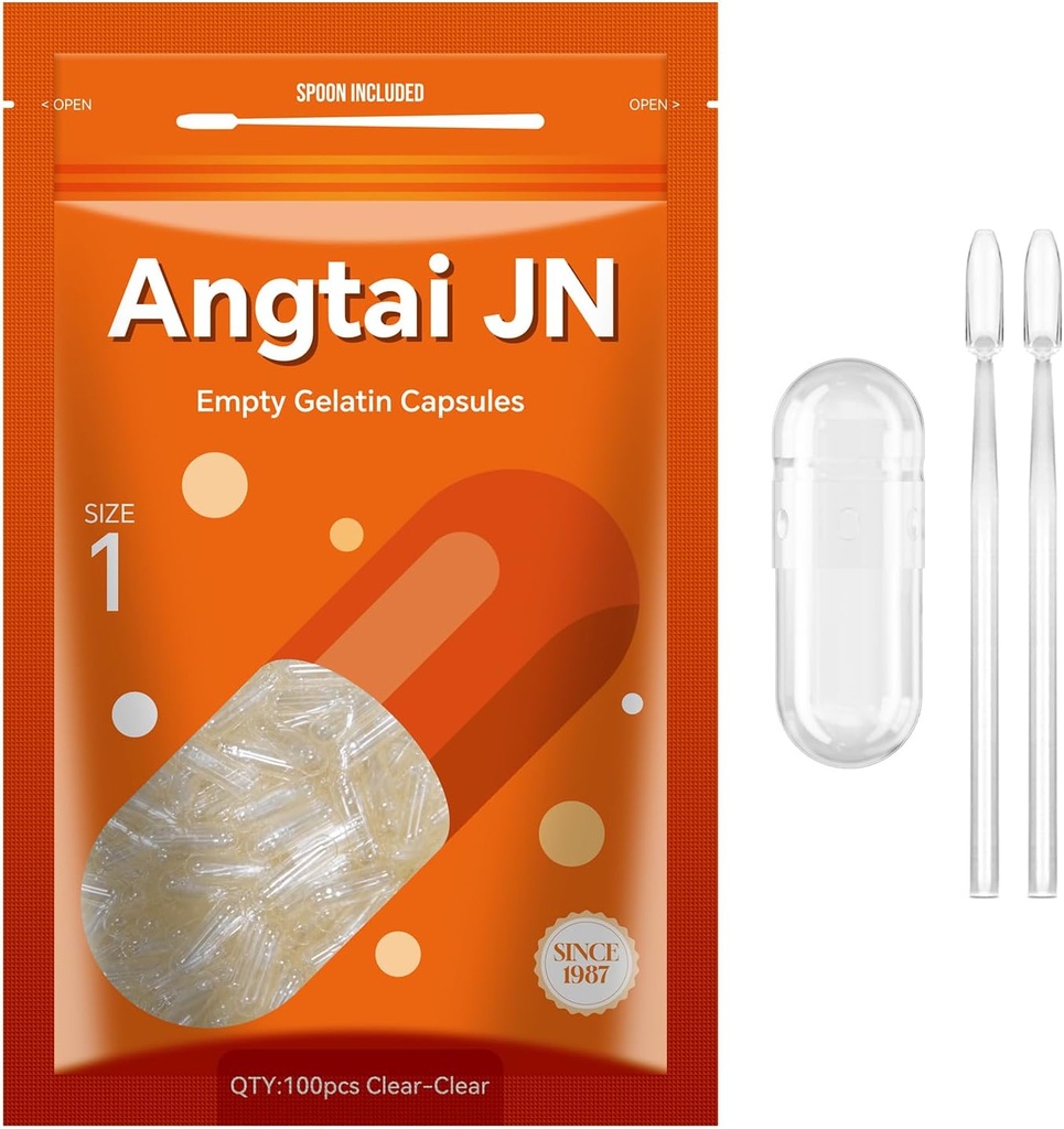 Capsules Taille 1 Capsules de gel de gélatine vide Pure Bovine Clear (100 Compte) Sans gluten, sans OGM, kit de remplissage certifié Halal avec 2 cuillères pour bricoler vos propres suppléments